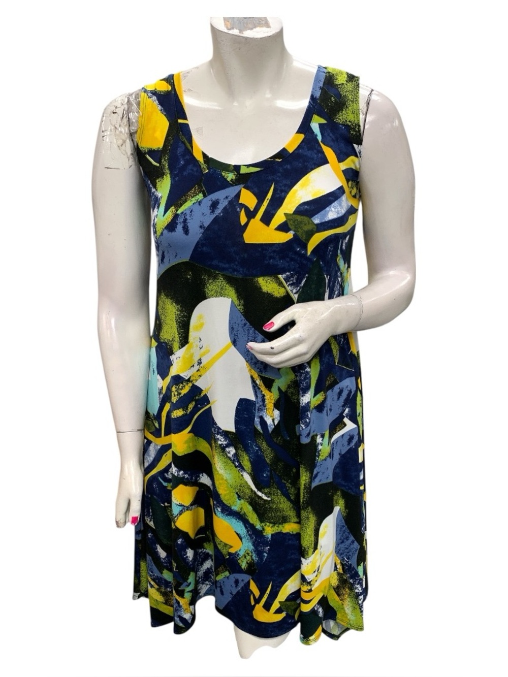 Nina K Sleeveless Abstract Swing Dress in Blue, Yellow & Green Size Xl